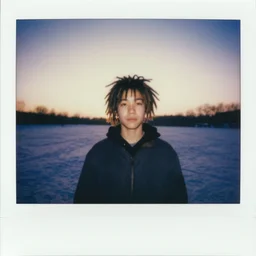 a boy with colored dread hair on snow, sunrise, 4 k, polaroid, old vintage 1 9 9 0 s
