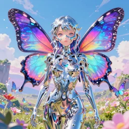ultra detailed illustration of a butterfly anime girl made out of liquid chrome, melting face, lost in a dreamy fairy landscape,  by ,Karol Bak, colorfull, vivid colors, 8k, anime vibes, octane render, uplifting, magical composition,  artstation