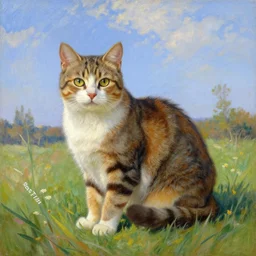 A painting of a cat under the sky in a field, by (Ross Tran, Norman Rockwell, Leonardo da Vinci, Claude Monet), extreme detail, Trending on Artstation