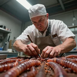 low angle, butcher working, artwork by craig mullins, high details, octane, unreal engine, low angle!!!!, from below, worms - eye - view
