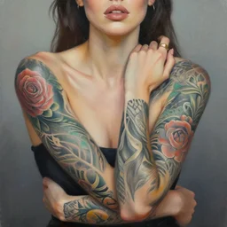 a woman with beautiful tattoo sleeves on her arms. painting by artgerm and peter kemp