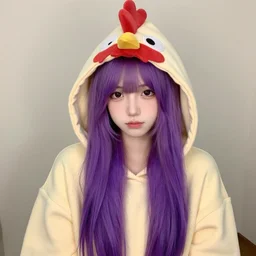 a girl with long purple hair wearing a chicken hoodie