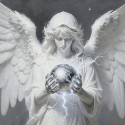 highdetailed hyperrealistic painting of white angel in the hood lightning hands with silver sparkles!!!, giant silver ball on the chest!!!!!, 4 k hd fur face!!!, big wings, by jan van eyck, holography space, white sparkles everywhere, thin strokes, white monochrome color!!!!!, hyperrealism textures, soft