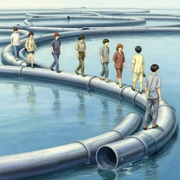 goro fujita ilustration people walking on a line of circle made of water pipe painting by goro fujita, sharp focus, highly detailed, artstation