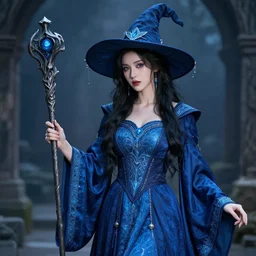 photograph of a real-life beautiful electric witch with ornate blue robes and staff.  Extremely detailed. 8k