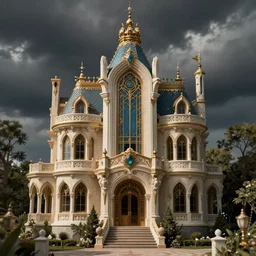 Ornate and extravagant enchanted magical house.  High Resolution and high-quality photography, Digital Art, Art-deco, Art Nouveau, Tilt-Shift, Retrofuturism. Architecture photography.