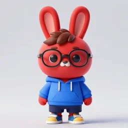 picture of a cute red anthropomorphic rabbit with brown hair and eyes, glasses, wearing cool glasses, a blue hoodie, dark blue shorts, and multicoloured shoes, hd resolution,