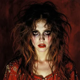 a beautiful but sinister girl who looks like a young shirley henderson in dead space, with haunted eyes and crazy hair, horrifying, 1 9 7 0 s, seventies, delicate embellishments, a little blood, crimson, painterly, offset printing technique, by jules bastien - lepage
