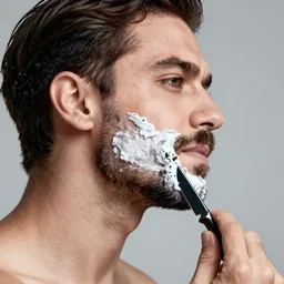 8k photo of a man shaving his beard with a knife