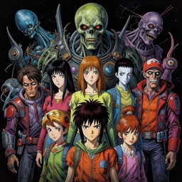detailed image of a creepy family in the deep space by richard corben, by Katsuhiro Otomo, by Giger, By James Jean, by Beksinski, rich deep colors. masterpiece . intricate artwork, cinematic, hyper realism, high detail,  unreal engine, 8k, Smooth gradients, High contrast, depth of field, Vibrant colors, very coherent symmetrical artwork. clean ink detailed line drawing, intricate detail, extremely detailed.
