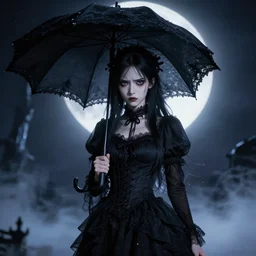 full shot portrait of angry darkness Clara Morgane as a cute anime girl at moonlight with umbrella, gothic wearing, inspired by Tim Burton, Norihiro Yagi, Marc Simonetti, Amano, detailed, unreal engine 4k volumetric light, fog,