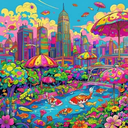 art deco 1 9 2 0 metropolis optimistic colorful sunny parasols hologram koi lush parks trees flowers water clear focus [ minimalist monolith skyscrapers ] [ art deco motifs ] fantasy by ross tran greg rutkowski intricate elegant retro futuristic highly detailed artstation