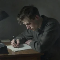 a depressive painting of jeremy mann, a close up view of a young man writing on a small desk, 1 9 4 0 s, dim light, dark background, dreamy, misty, desaturated, ominous, depressing, unsettling, creepy