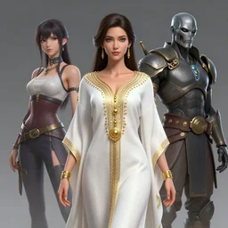 a beautiful woman  wearing white kaftan with golden ornaments by alex gray and android jones , Karol Bak, Ayami Kojima, Amano , concept art, character design, fantasy,3D, 8k resolution
