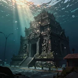 low ultrawide shot, dark, street view, submerged pre - incan temple with carvings, grenada underwater sculpture park, bubbles, abyss, stylized, anime style mixed with fujifilm, detailed gouache paintings, crepuscular rays, dark, murky, foggy, atmospheric, artstation, cgsociety, octane render, cgi, unreal engine 5