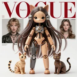 a beautiful jointed wooden art doll, super dollfie, biopunk, solarpunk, mecha, feminine curves, wires, long flowing hair, cats, surreal, dan mumford, beeple, fashion magazine, vogue, harper's bazaar art, id magazine, intricate, 8 k render in octane, sharp focus
