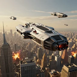 3 d point perspective, extreme long shot of spaceships hovering over the sky menacingly of cyberpunk gothic new york city, spacefighters attacking, explosions and fire, golden hour, deep depth of field, make all elements sharp, aerial view, 8 k, octane, unreal 5, hyperrealistic, intricate details, 3 d rendered model