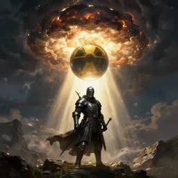 dark souls, knight, nuclear bomb, mushroom cloud, by caspar david friedrich