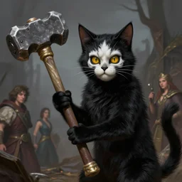 black cat with skull face paint holding a giant hammer, d & d, fantasy, highly detailed, digital painting, trending on artstation, concept art, sharp focus, illustration, global illumination, shaded, art by artgerm and greg rutkowski and fuji choko and viktoria gavrilenko and hoang lap