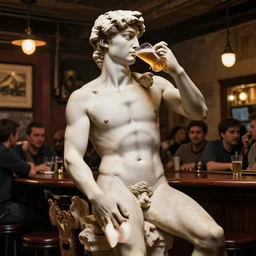 the statue david from michelangelo drinking a beer, sitting on the bar in a crowded sportsbar