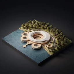 architectural model, isometric view, 3 d render, studio lighting, low contrast, dark background, highly detailed, a circular house with circular courtyards floating on water at the sloping edge of a lake, tree