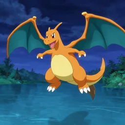 pokemon charizard flying over a lake at night, 4 k hd wallpaper