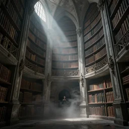 8 k photo of 1 0 0 0 ft concrete library filled with books, low - hanging mist, interior, light shafts, hyper - realistic, highly detailed and intricate, ornate, luxury, elite, abandoned, creepy, ominous, haunting, cinematic, smoky, gothic, slender - woman in the corner. atmospheric