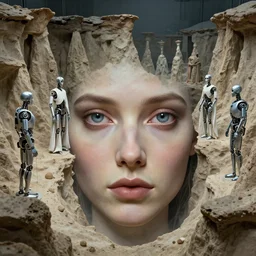 detailed face of a woman with obsidian eyes in a wind eroded rock formation with robotic bishops at a science expo, atmospheric, ambient, pj crook, syd mead, livia prima, artgerm, greg rutkowski, nick alm, casey baugh