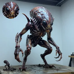 photo taken of an epic intricate, ultra detailed, super realistic gritty, wet, slimy, lifelike sculpture of a nightmarish hellish insectoid creature created by weta workshop, menacing, some zoomed in shots, photorealistic, sharp focus, white wall coloured workshop, extremely cold blueish colour temperature, f 0. 4, full body shot, golden ratio