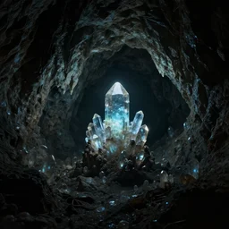 a dark, foreboding cave with strange, glowing crystals, digital art, harsh lighting