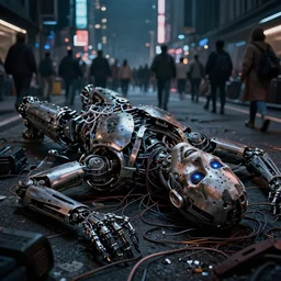 an extreme close - up shot of a hacked broken terminator cyborg laying destroyed in pieces of cyber limbs and wires in the middle of a crowded cyberpunk city street at midnight, ominous atmosphere, cinematic lighting, photorealistic, using nikon d 7 5 0 0 and mitutoyo 1 0 x super detailed resolution uhd hdr 4 k