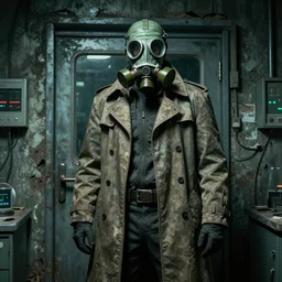 UHD hyperrealistic photorealistic detailed image of a man in a  rugged, worn trench coat wearing a gas mask, standing in front of an laboratory door, in a ruined and dark underground lab, readying himself for combat with a green undertone, inspired by the Stalker video game series  by Ayami Kojima Amano Karol Bak, Greg Hildebrandt and Mark Brooks