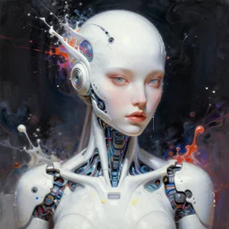 a white cast futuristic biomechanical humanoid woman with pretty face in intricate detailed color smashing fluid oilpaint, futuristic digital painting, cyberpunk, 8 k, hyper detailed, octane render, concept art, by peter mohrbacher, by wlop, by ruan jia,