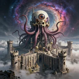dragon skull eyeball tentacle castle in the beautiful nebular vortex realm, detailed nouveau architecture, massive ramparts, grim battlements and brutal bulwarks, realistic infrastructure and construction, by greg rutkowski, tim bradstreet and artstation, epic psychotic atmosphere, clouds, photorealism, complex color scheme, uhd