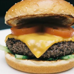 close ups photo of a delicious cheeseburger with lots of toppings, film photograph