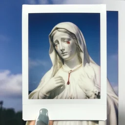 vintage polaroid closeup of white mother mary statue crying blood, pictured slightly from below, clear sky with blue clouds in background