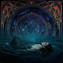 despair, drowning, loneliness. collapsing into spiral oblivion, the weeping visage of a longing dreamer in desolation. cosmic void, abyssal ocean depths, art nouveau art deco, vibrant darkness, by jackson pollock and edvard munch and rebecca guay and carl critchlow. moody, murky. glimmering hopes last gasp in the endless waters. neon geometric inks.