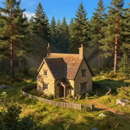 small tudor cottage in a field near a pine forest, blue sky, fantasy, concept art, high angle, highly detailed, warm lighting, volumetric, godrays, vivid, trending on artstation, by jordan grimmer, greg rutkowski