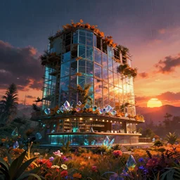 unfinished building by titian, sunset lightpaint dramatic lighting cgsociety studio ghibli postcyberpunk uv light flowers darkacademia at night retro vice city atlantis gem tokyo scumm bar made of glass at fall biopunk rainforest sunlight thermal vision sci - fi meadow crystal otherworldly, archdaily, wallpaper, highly detailed, trending on artstation.