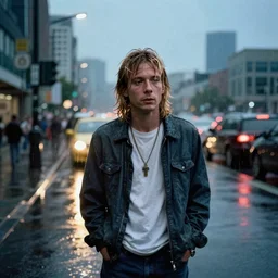 medium format photo of kurt cobain in seattle, raining! nighttime, color, photorealistic, hyperdetailed, 8 k