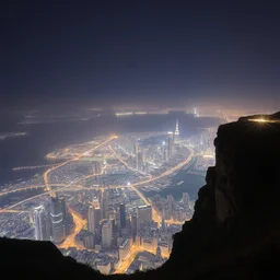 photograph looking down from a ridge at a large city at night