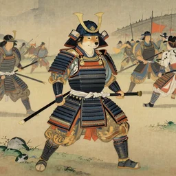 Japanese painting of a dog samurai in full armor on q battlefield background