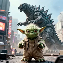 movie still of yoda as godzilla destroying tokyo in the new movie, giant yoda