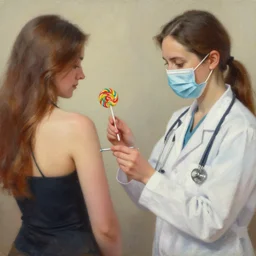 lollipop doctor woman giving injection, oil painting,