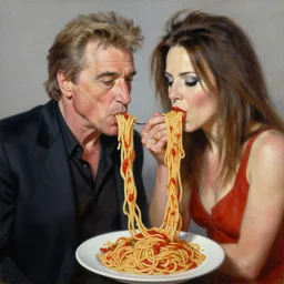 robert de niro and dee snider of twisted sister spaghetti noodle kiss, an oil painting by ross tran and thomas kincade