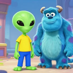 “ green alien with yellow shirt and blue pants standing next to a blue furry monster and making silly faces ”