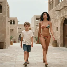 color film still of young boy and a woman in bikini walking in the arabian town, alien ( 1 9 8 4 ).