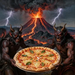 masked demons grabbing a large pizza!!!, in the background is a volcano spewing lava and black smoke, streams of glowing hot lava, flashes of lightning in the distance. wide angle, long shot, an ultrafine detailed painting by michelangelo merisi da caravaggio, deviantart, pop surrealism
