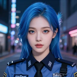 a pretty korean girl with blue hair, dj sura face, photoshoot, cyberpunk night city street, background, wearing a female police uniform, professionally retouched, soft lighting, feather hair, realistic, smooth face, perfect eyes, wide angle, sharp focus on eyes, 8 k high definition, insanely detailed, intricate, elegant, art by artgerm and greg rutkowski and j scott campbell