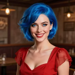 an insanely detailed portrait of a smiling elegant beautiful woman with short blue hair and sparkling blue eyes, wearing a red dress, background is a rustic saloon, highly detailed features, in the style of peter mohrbacher, artgerm, dramatic lighting and composition, octane render, trending on artstation, concept art 8 k